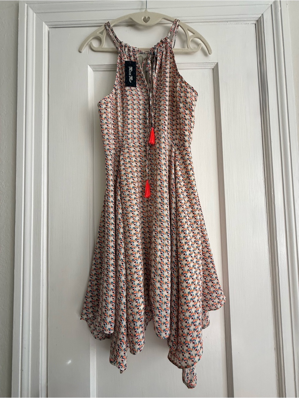 Y2K Halter Asymmetrical Handkerchief Hem Dress - Bright Abstract Print Miss Me